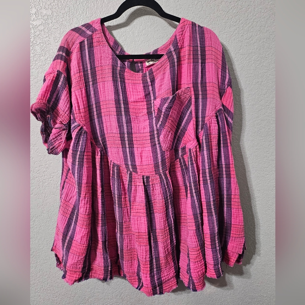 We The Free by Free People Pink Plaid Cotton Babydoll Tunic Top Size L